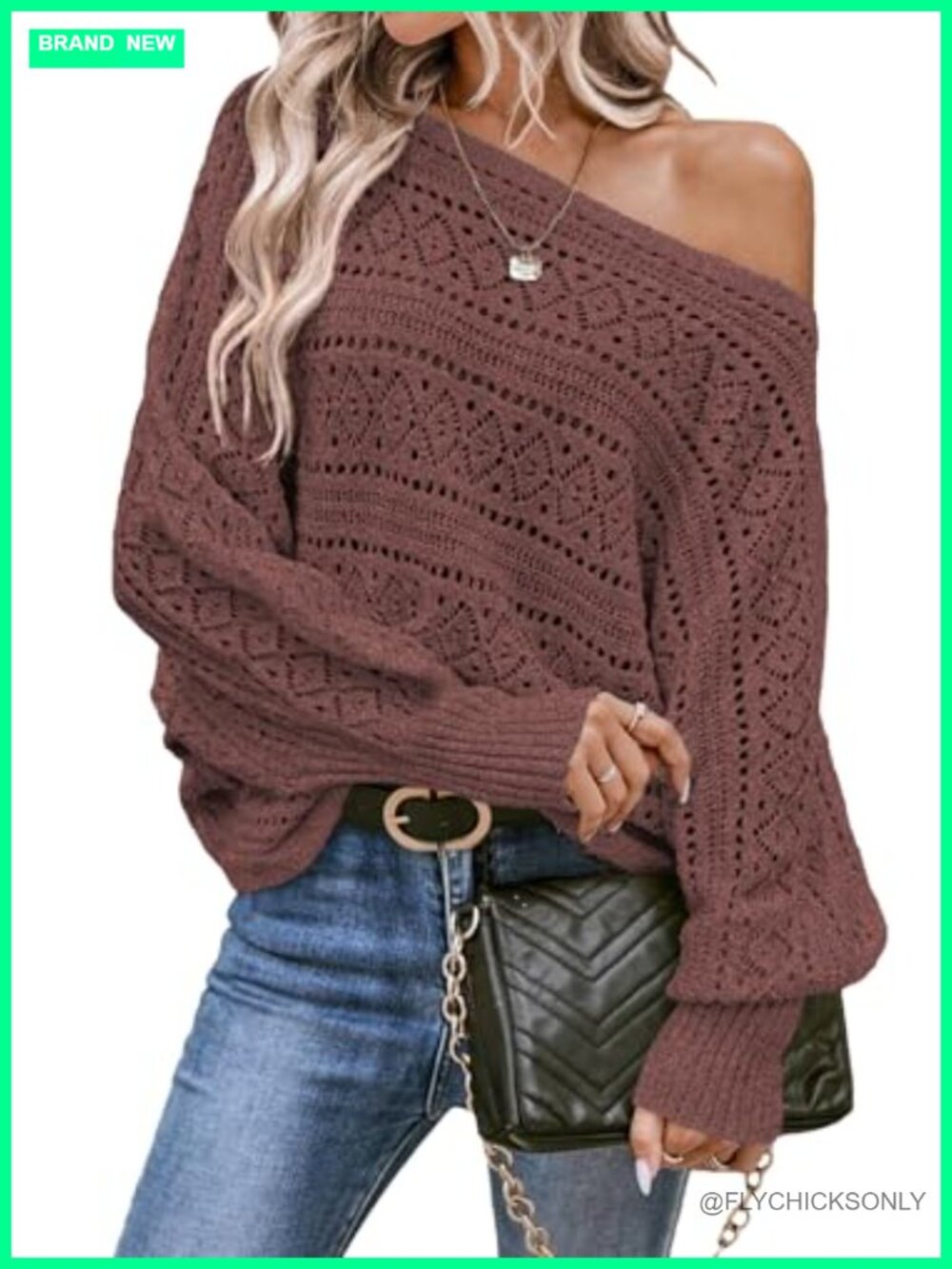EVALESS Womens Crochet Boat Neck Long Batwing Sleeve Loose Sweater Pullover